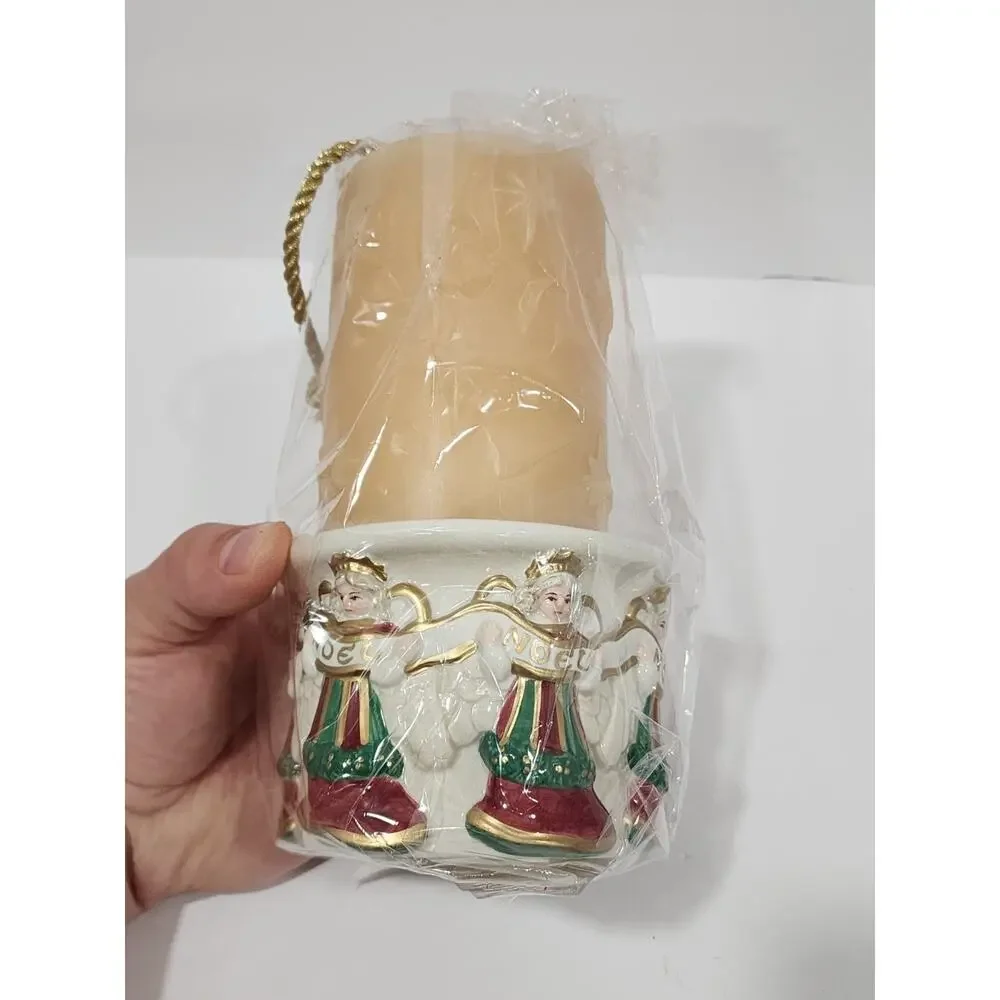 Vintage Fitz And Floyd Pillar Candle Holder Pedestal Angels Noel with Candle NEW